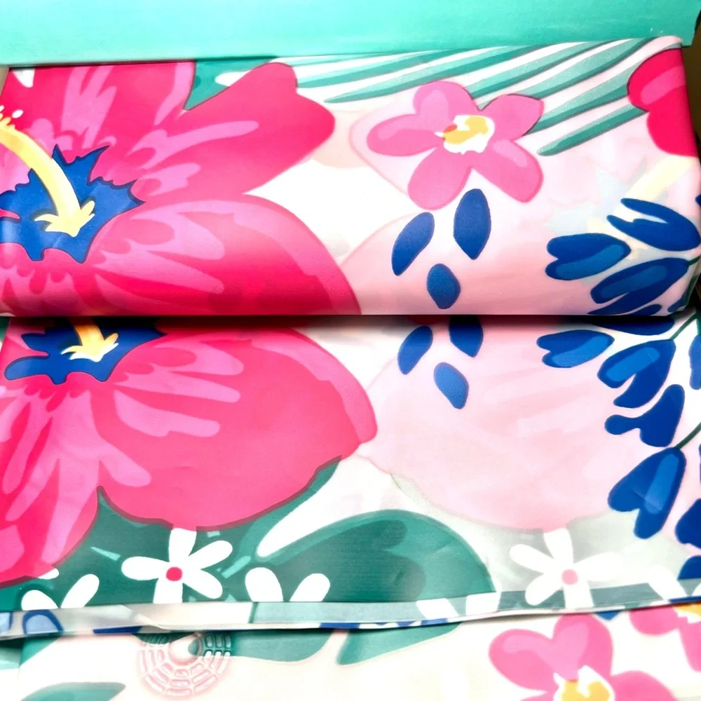 Tropical Fiesta Hibiscus Flowers & Leaves Peva Shower Curtain Pink Green